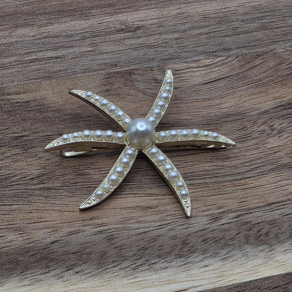 Vintage Gold Tone Pearl Starfish Hair Barrette Coastal Beach Bridal Clip